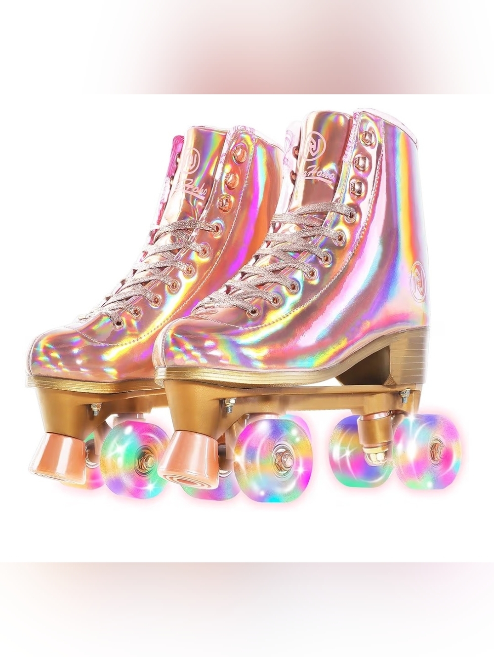 Holographic Pink Roller Skates with Rainbow Wheels